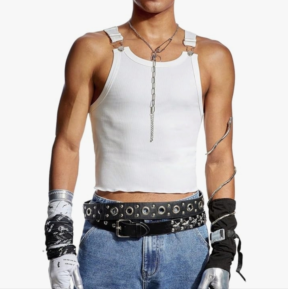 Men's White Ribbed Tank Top with Buckle Straps